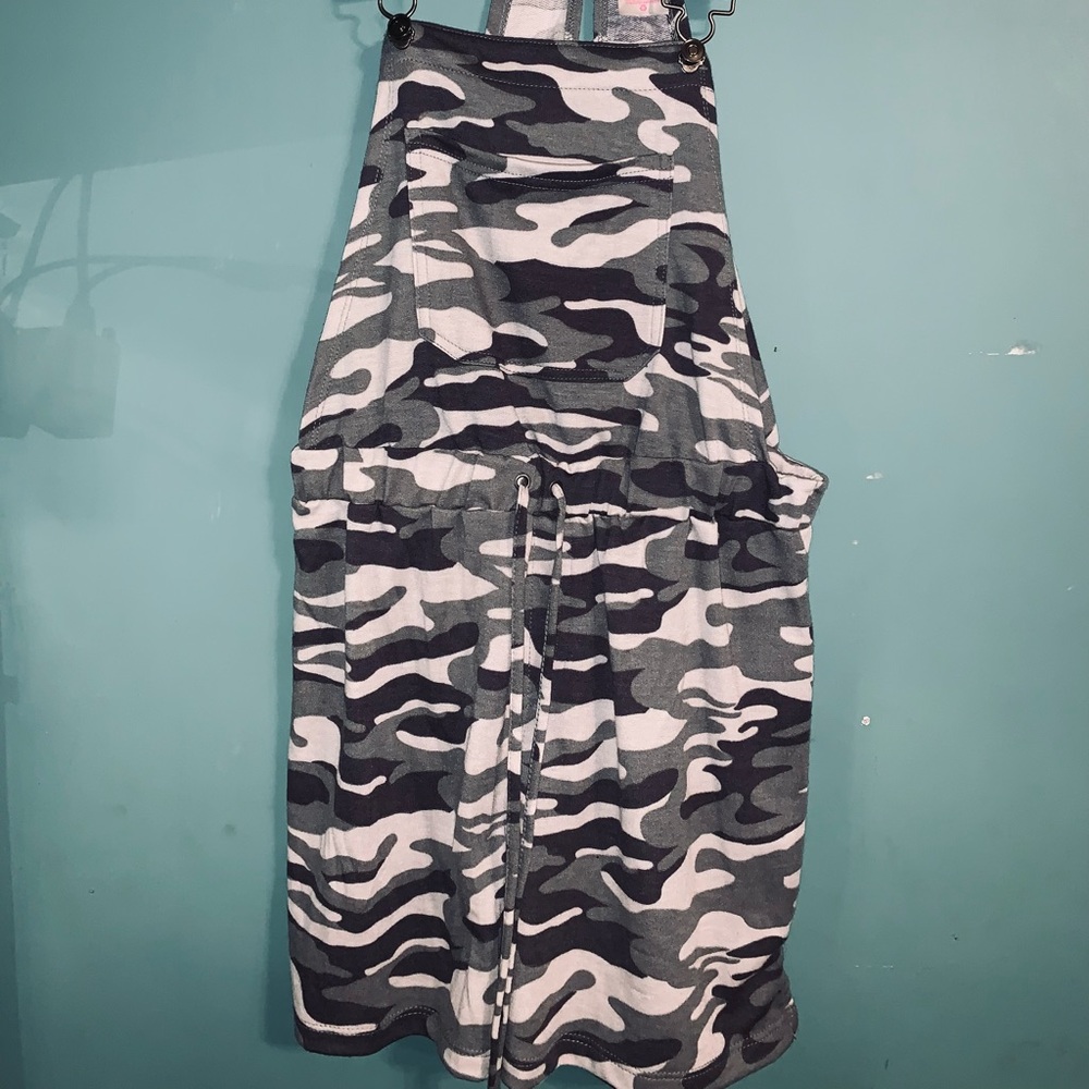 Camo overalls with adjustable waist